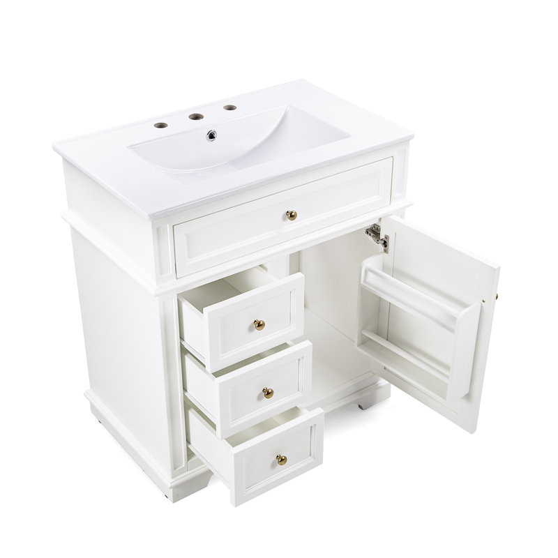 Bathroom Vanity with Sink, Three Drawers and Door Shelf, White