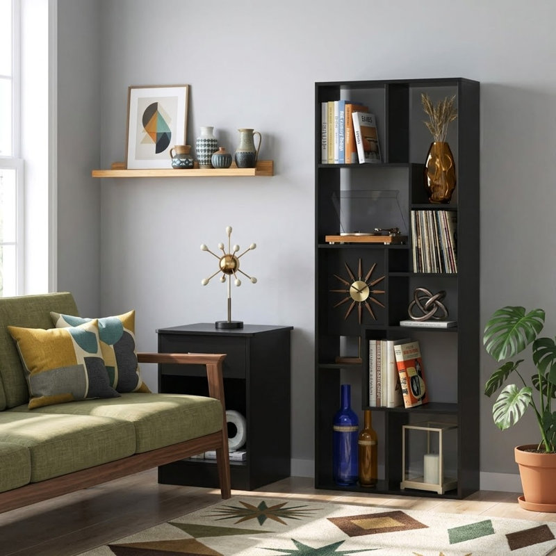 5-tier Modern Geometric Asymmetrical Bookcase, Open Back Etagere Display Shelf, Black