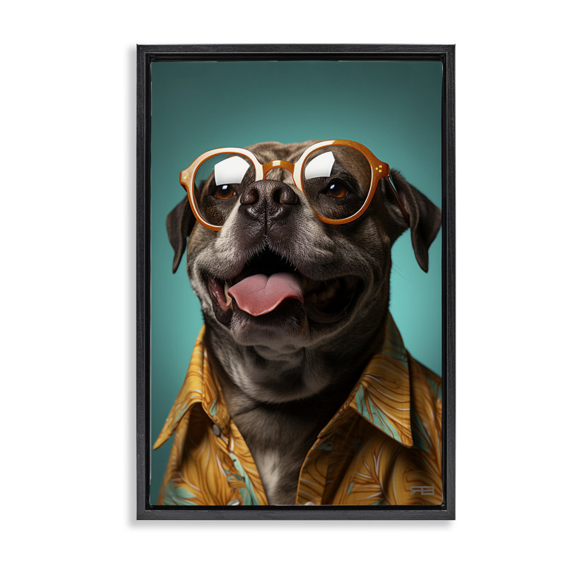 «Fashion Dog Friend», toile flottante encadrée dorée par Roozbeh Bahramali, H 25 po x l 17 po, Cadre flottant noir de jais