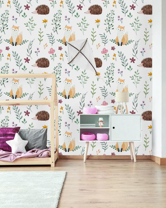 Rosato Removable Fox Hedgehog and Plant 8.33' L x 25" W Peel and Stick Wallpaper Roll, 4.17' L x 25" W