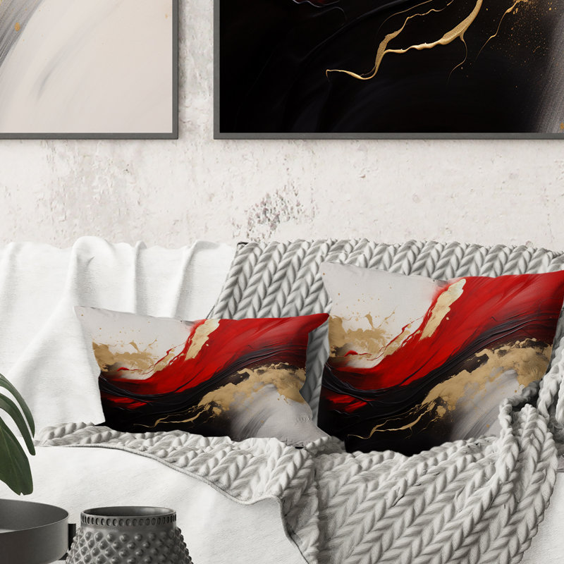 Midnight Passion Abstract Wave Scarlet & Gold II - Abstract Painting Printed Throw Pillow