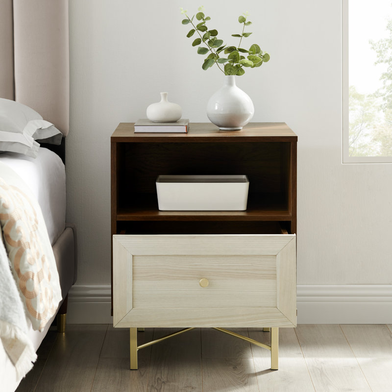 Afet 1-Drawer Nightstand with Open Cubby, Dark Walnut/White Poplar