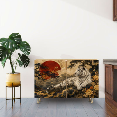 Sideboard Buffet Cabinet with Storage Majestic White Tiger Golden Floral Red Sun Oriental Art Style with 2 Doors for Living Room and Kitchen