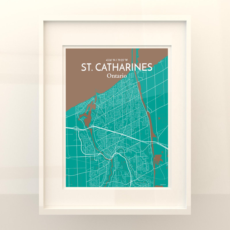 St. Catharines City Map, impression, H 20 po x l 16 po, Vert / brun
