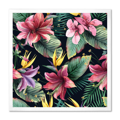 «Dark Red Tropical Flowers And Leaves On Black», reproduction d'art sur toile tropicale