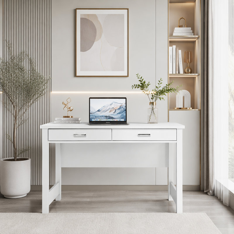 Bureau d'ordinateur en bois blanc ultrabrillant avec plateau renforcé, pieds solides et deux tiroirs spacieux pour les espaces de travail modernes