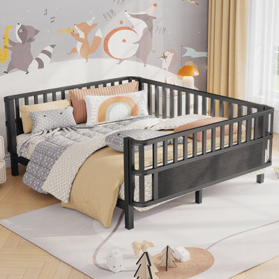 Lit plateforme double en métal pour enfants, lit double en métal à profil bas avec rails, noir