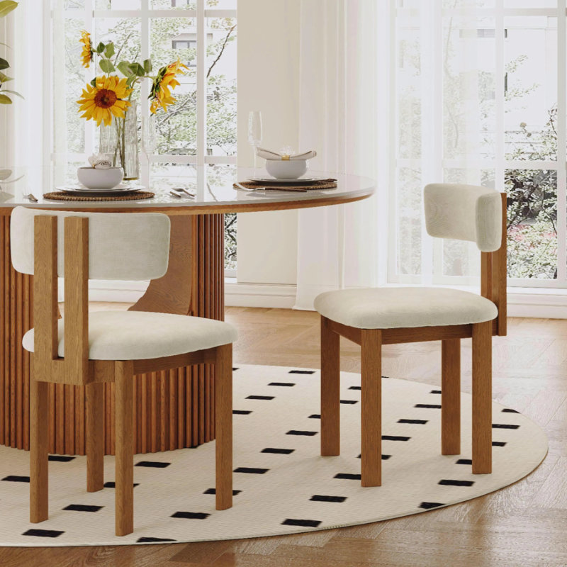 Mid-Century Modern Cotton Linen Wood Dining Chairs, Beige & Light Walnut Side Chairs, Fully Assembled, Light Walnut 