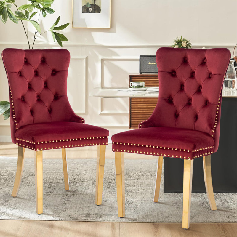 Chaise de salle à manger en velours avec anneau à dossier et pieds en bois massif, Rouge, Doré, 2