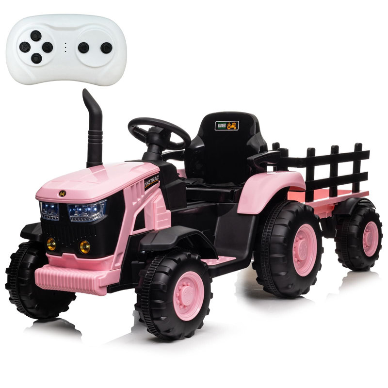 Les enfants électriques montent sur un tracteur avec une remorque, un véhicule alimenté par batterie 12V, Rose