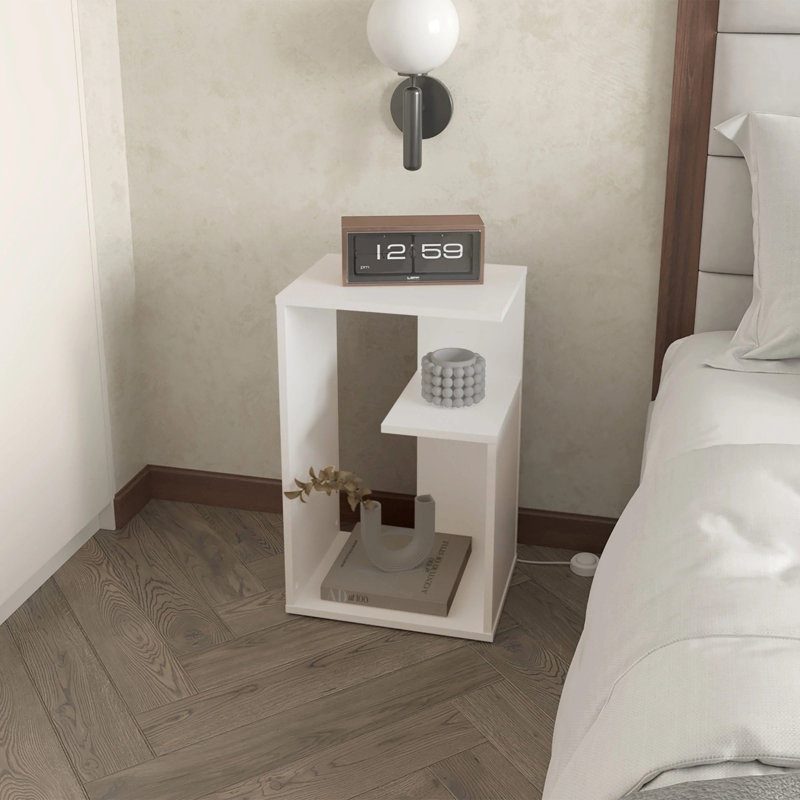 White Side Table in Melamine with Open Storage