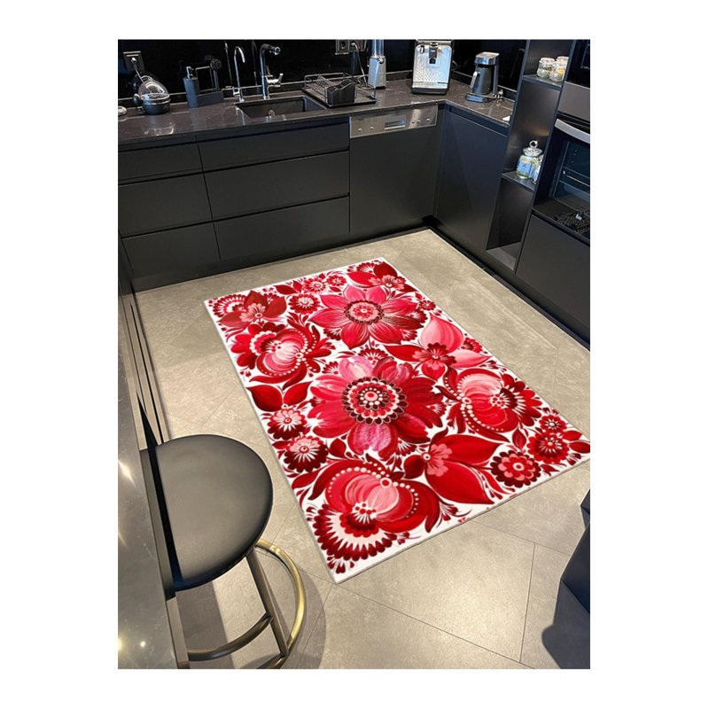 Red Floral Pattern Modern Decorative Rug, Square 3'3" Rug Pad Included
