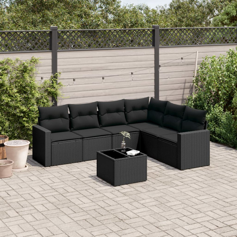 Ensemble de canapé de patio 7 pièces avec coussins en rotin de polyester noir