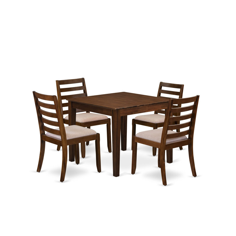 5-piece Kitchen Table set included a square Kitchen Table and 4 Light Tan Polyester Fabric stackable Chair, Antique Walnut Finish