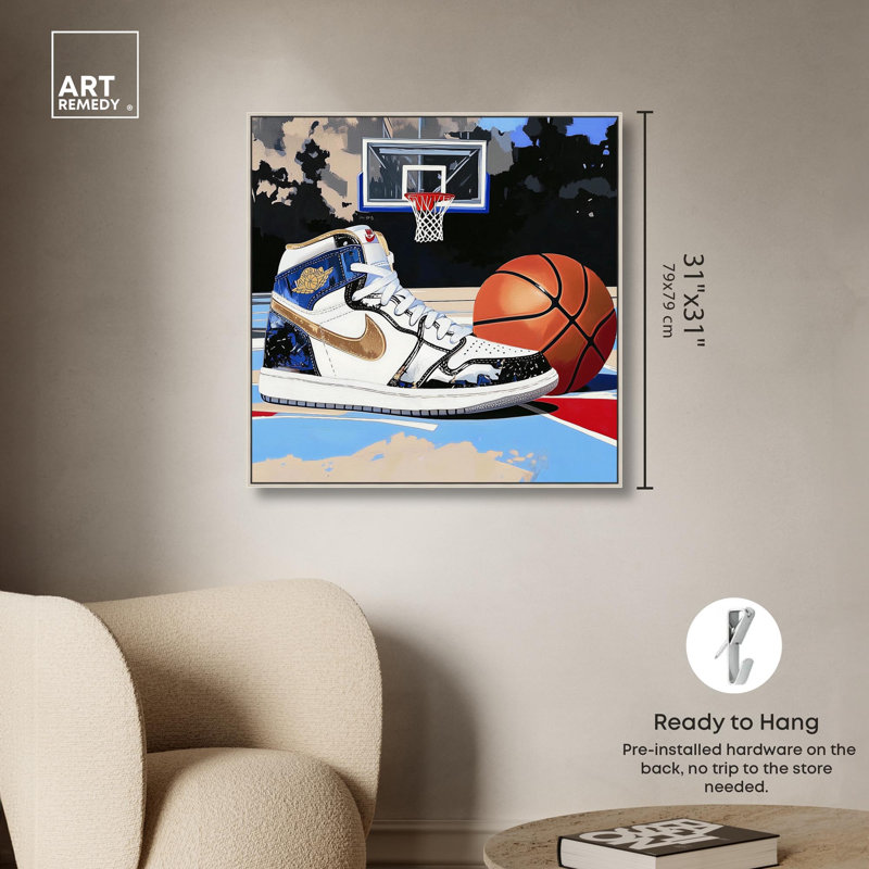 «Basketball Court Blues», art mural par toile , H 31 po x l 31 po, Encadrement argenté