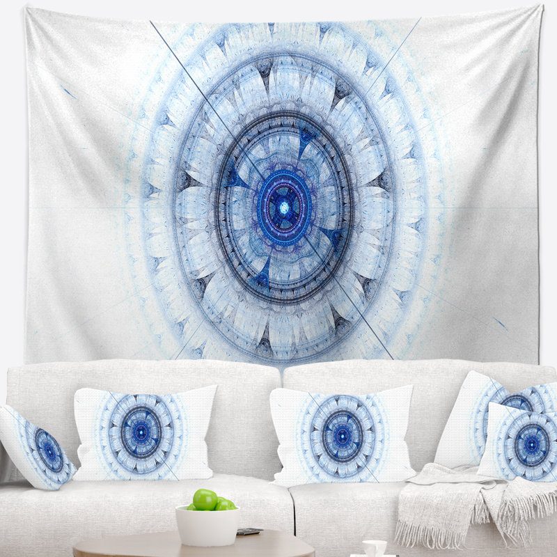 Tapisserie abstraite de style cabalistique fractale bleue, H 32 po x l 39 po