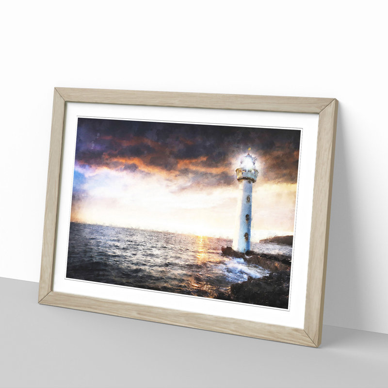 Lighthouse & Seascape Evening Glow - Picture Frame Graphic Art Print, 62cm H x 87cm W x 2cm D, Oak Framed