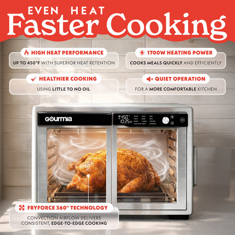 Gourmia 37 Quart Air Fryer Oven with French Doors, 12 Presets, Dehydrate Mode, Fits 13 Inch Pizza, 1700W, Stainless Steel 