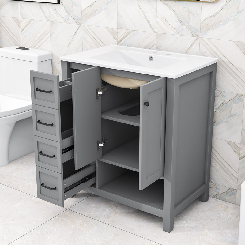Meuble-lavabo 30 po avec comptoir en céramique, 2 tiroirs et rangement ouvert, Grey