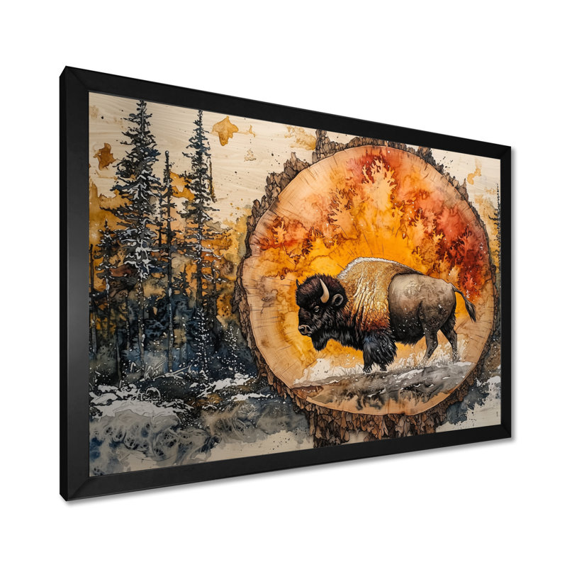 Bison américain dans une glissade en bois, paysage de forêt I - bison, art mural, H 12 po x l 20 po, Cadre simple, Noir