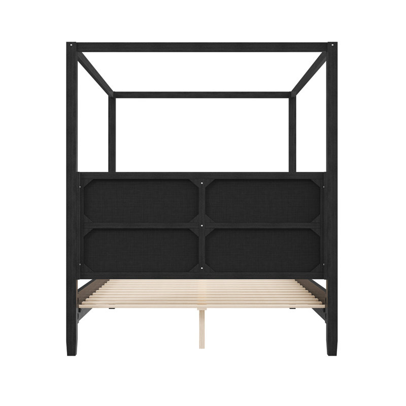 Lit plateforme à baldaquin en bois avec tête de lit tapissier, aucun sommier nécessaire, Grand lit, Noir