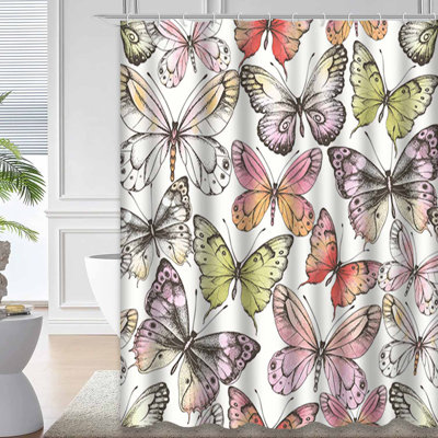 Watercolor Butterflies Vintage Nature Drawn Shower Curtain with 12 Hooks