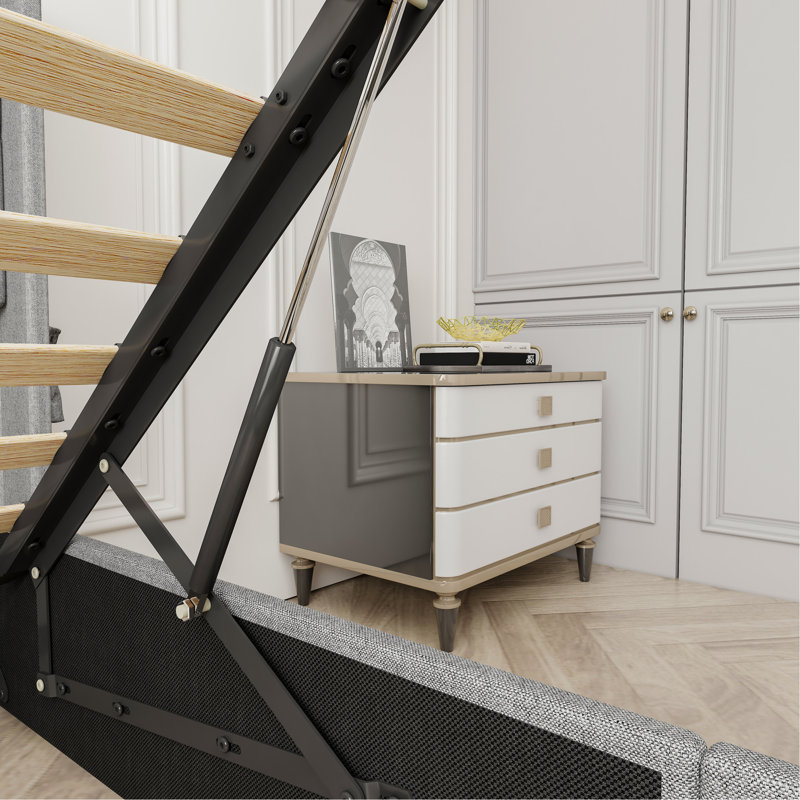 Cadre de lit double avec rangement à vérin à gaz, tête de lit horizontale moderne, abris, sans sommier, rainure grise, peu encombrant, chambre à coucher essentielle