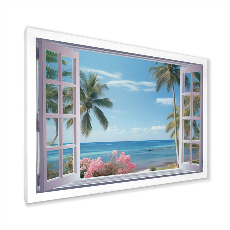 Vue sur l'océan tropical à travers une fenêtre blanche ouverte - art mural sur toile côtière, H 12 po x l 20 po x P 1 po