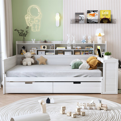 Wooden Daybed With Storage Shelves, Multi-Functional Bed With Two Drawers And Study Desk