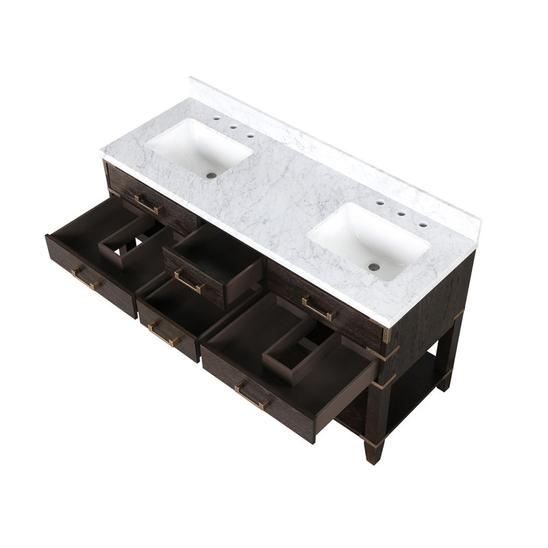 Black Oak Double Bath Vanity 22 in. D, with Carrara Marble Top, Brown Oak, 34.12" H  x 22" W x 60" D