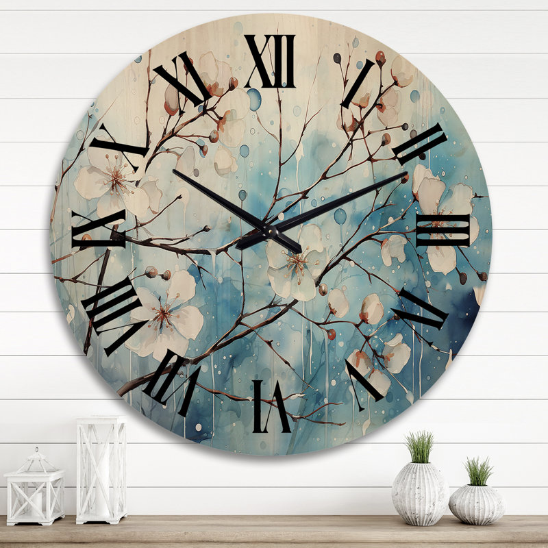 Blue Blossom on Winter Scenery II - Floral Oversized Wood Wall Clock, Extra Large