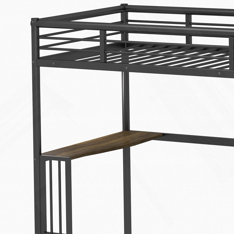 Lit mezzanine en métal avec bureau et garde-corps, bureau sous le lit