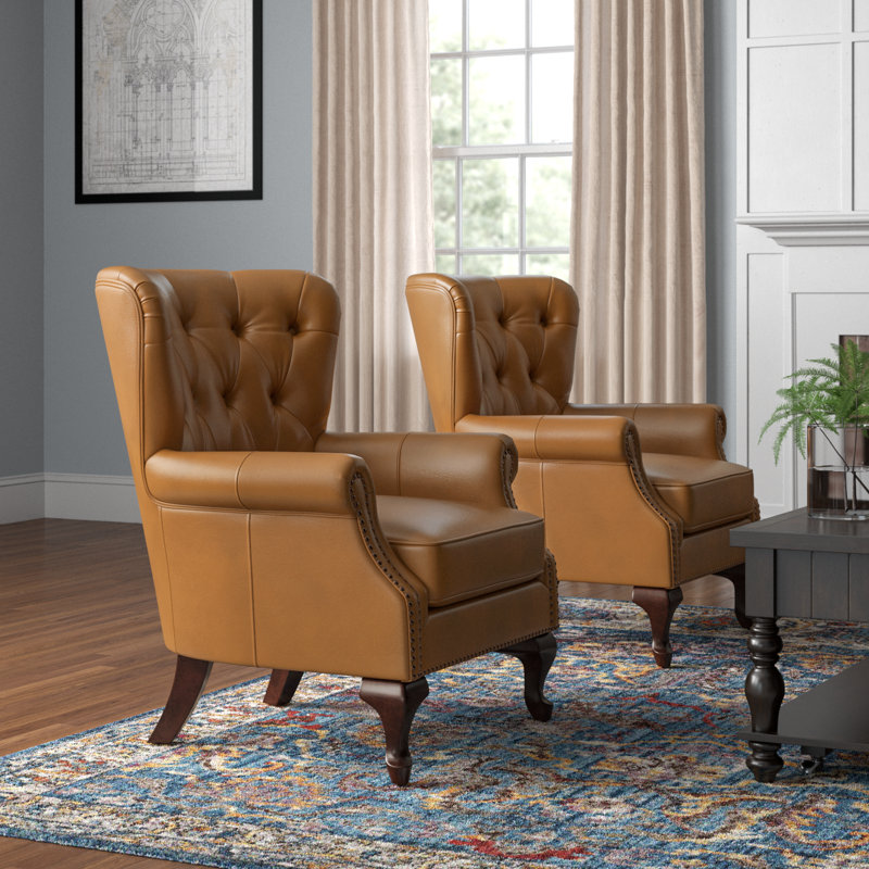 Ansumana 31.5" W Genuine Leather Wingback Club Chairs with Nailhead Trim (Set of 2), Camel