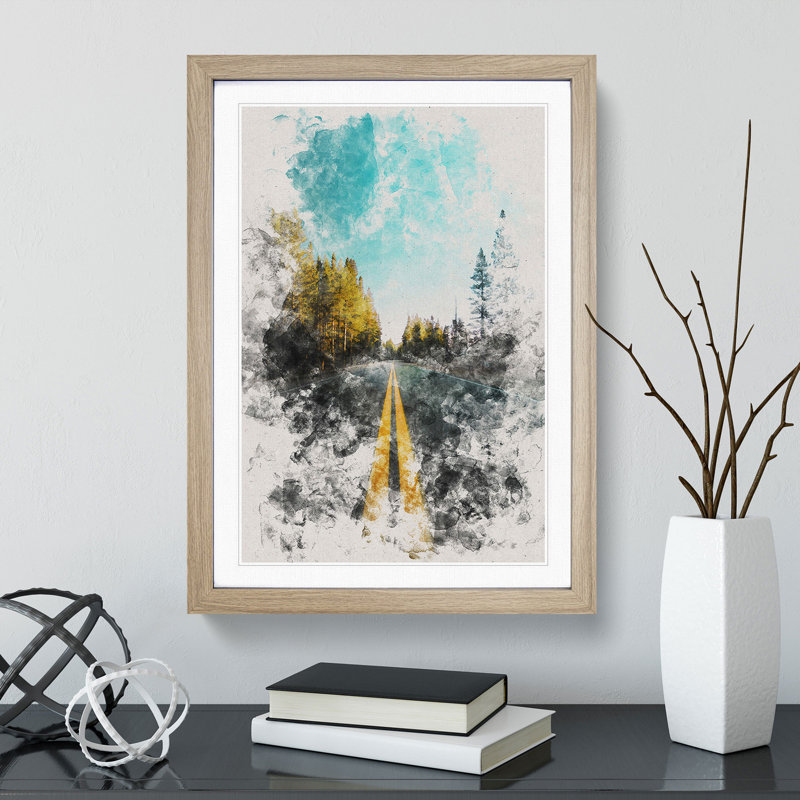 Road Through Yosemite National Park Watercolour - Picture Frame Graphic Art, 48cm H x 36cm W x 2cm D, Oak Framed
