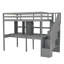 Structure de lit mezzanine avec escalier de rangement, double bureau et tablettes