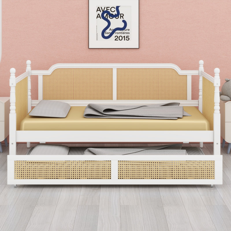 Vintage Traditional Rattan Daybed with Pull Out Trundle, Antique White