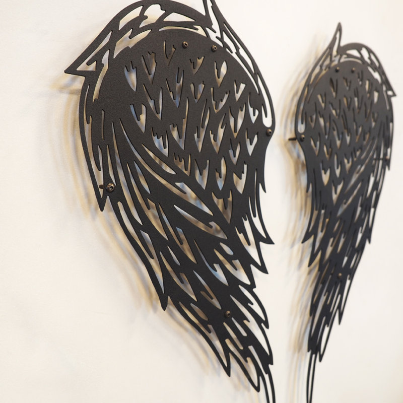 Ensemble de 2 décorations murales en métal avec ailes d'ange, H 28 po x l 13 po x P 1 po, Noir