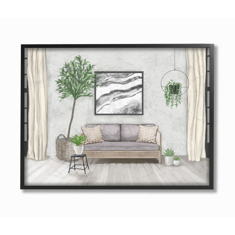 «Modern Living Room Interior Design Green Grey», impression, H 24 po x l 30 po, Giclée encadrée noir minuit