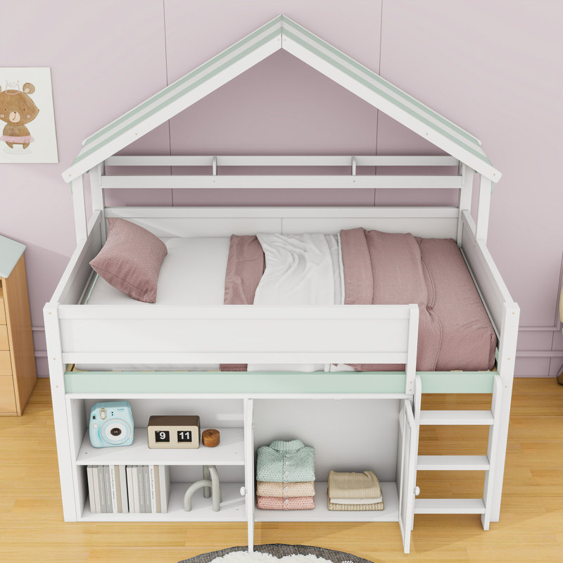 Full-Size Loft Bed With House-Inspired Canopy Roof, Built-In Storage, White/Green