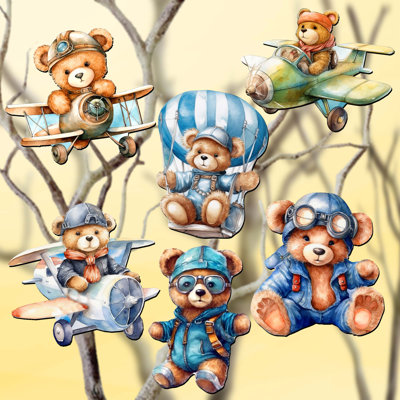 6 Piece Aviator Teddy Bear Decorative Wooden Clip-on Ornaments by G. Debrekht