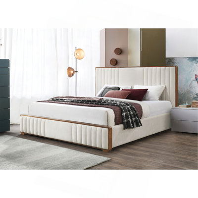 Kaleea Beige Chenille & Walnut Finish Queen Bed