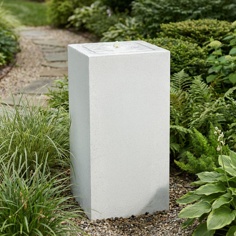 Fontaine rectangulaire d'extérieur à bulles en polystone à DEL - Brouillard, Gris, H 30 po x l 14,5 po x P 14,5 po