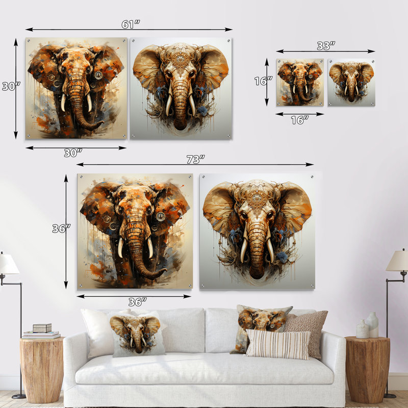 «Elephant Grace In Portrait» - ensemble de 2 verres muraux en acrylique, H 36 po x l 73 po