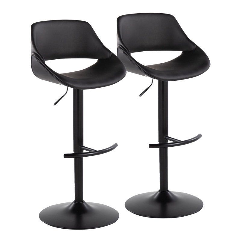 Najrin Adjustable Faux Leather Bar Stool with Rounded T Footrest (Set of 2), Black, Black