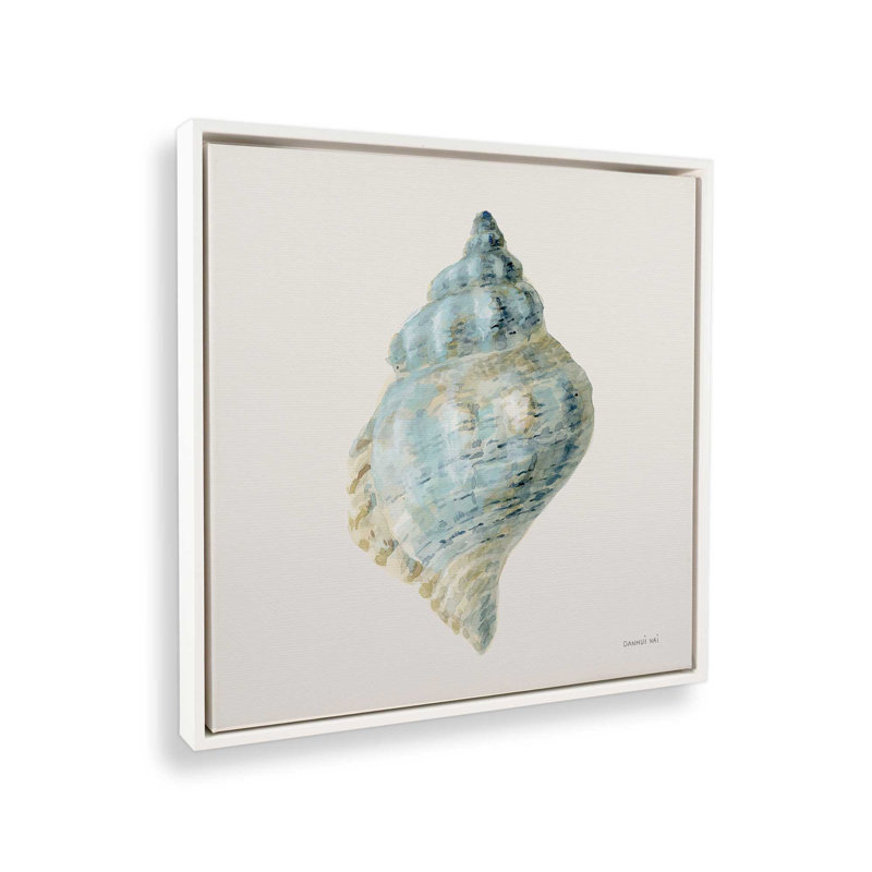 Blue Conch Shell On Canvas, Opaque White Floater Framed, 16.75" H x 16.75" W