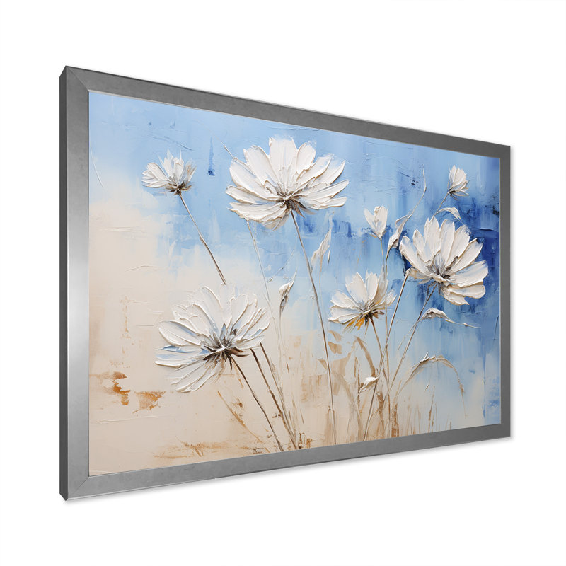 «Minimal Beige and Blue Cornflowers Expression I», impressions d'art mural, H 16 po x l 32 po x P 1 po, Cadre simple argenté