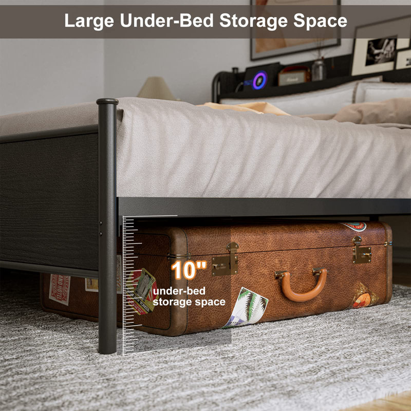 California King Black Metal and Wood Bed Frame with LED Lights and Storage
