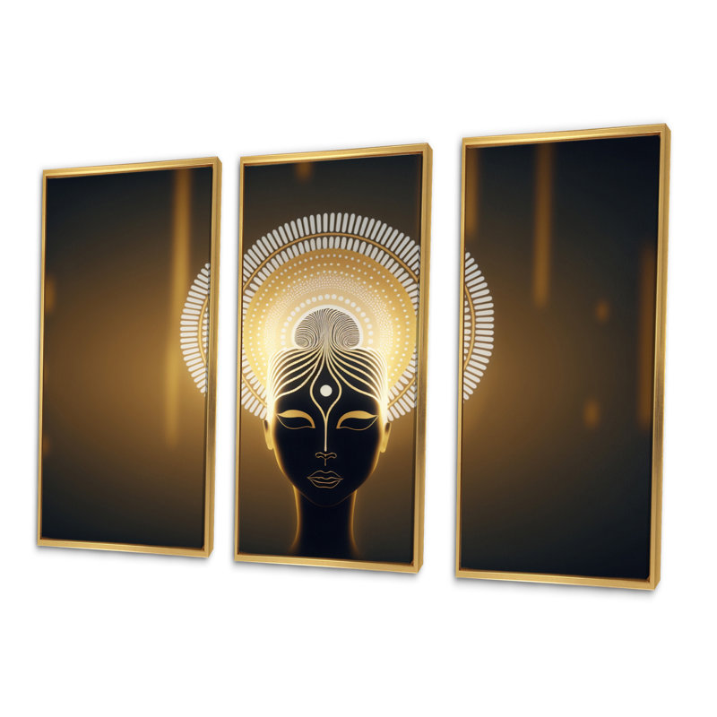 Bouddha contemporain en or et noir - 3 pièces sur toile, H 20 po x l 36 po x P 1 po, Toile avec cadre doré
