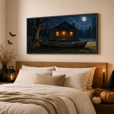 Cabane rustique en bois sous la pleine lune avec bateau - Toile murale d'Halloween
