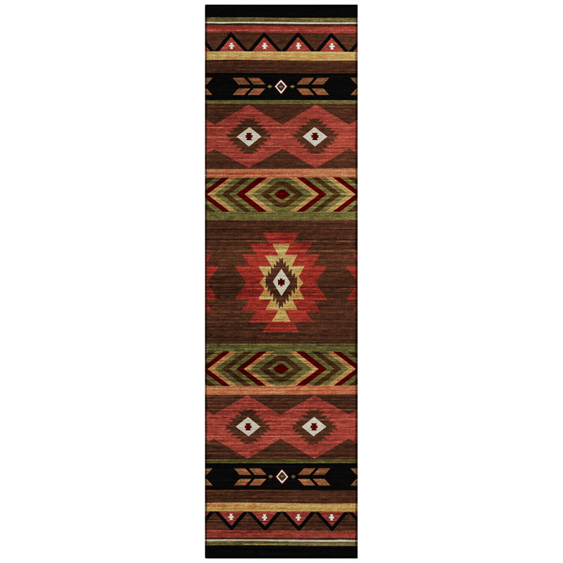 Tapis brun / rouge / vert en polyester tissé à la machine Binderveld Southwestern, Tapis de couloir 2 pi 3 po x 7 pi 6 po